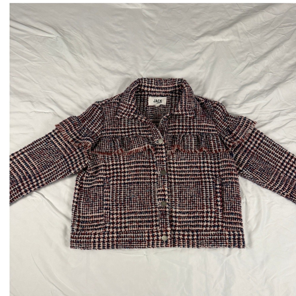 Jack by BB Dakota Plaid Tweed Ruffle Fringe Jacket Burgundy Navy Womens Medium